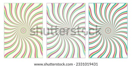 Set of psychedelic background with wavy distorted striped beams from the center 60s hippie wallpaper design. Colourful swirl, burst. For groovy, retro, pop art style With clipping mask