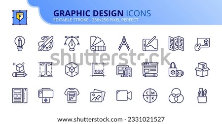 Line icons about graphic design. Contains such icons as vector, illustation, web design, and print. Editable stroke Vector 256x256 pixel perfect Royalty-Free Stock Photo #2331021527