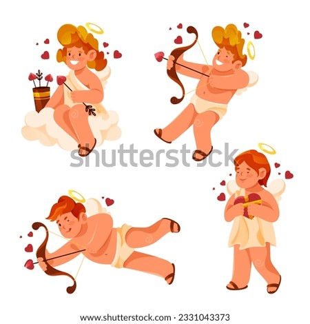 Cartoon cupids set, vector isolated icons. Amour mythology character with bow and arrows. Flying amur with nimbus, romantic symbol of love. Baby angel shooting a bow at lovers. Valentines Day.