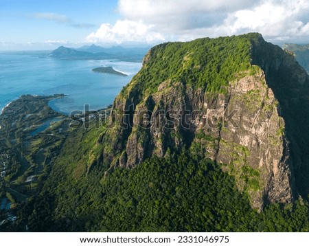 Incredible view of Le Morne mountain in Mauritius. Picture taken from drone
