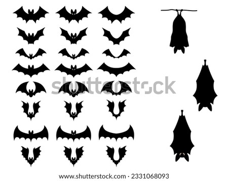 Set of black bat silhouettes isolated on white background. Halloween decorations sticker. Bat flying, hovering, sleeping. Cartoon flat vector collection.