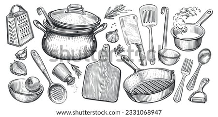 Set of kitchen utensils for cooking. Food concept. Sketch vintage vector illustration for restaurant or diner menu Royalty-Free Stock Photo #2331068947