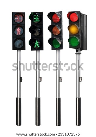 Different traffic lights with poles on white background, collage design