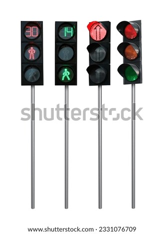 Different traffic lights with poles on white background, collage design