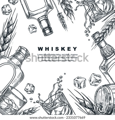 Whiskey tasting banner poster party flyer. Vector sketch square frame illustration of whisky or brandy bottle, glasses, barley, wheat. Winery alcohol shop, bar menu or package design template Royalty-Free Stock Photo #2331077669
