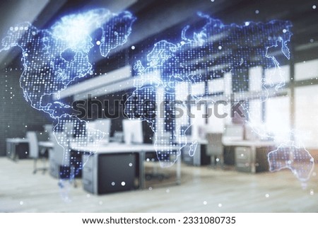 Double exposure of abstract digital world map hologram on a modern furnished office interior background, big data and blockchain concept