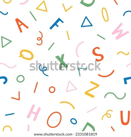 Abstract geometric shapes modern seamless pattern. Hand drawn letters childish colorful vector illustration