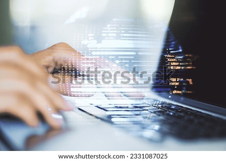 Double exposure of abstract creative programming illustration with world map and hand typing on laptop on background, big data and blockchain concept