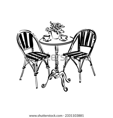 Hand-drawn sketch. Two chairs and tea cups on the table. Vacation postcard. Black and white street cafe furniture. Bistro round table with two chairs hand drawn marker Royalty-Free Stock Photo #2331103881