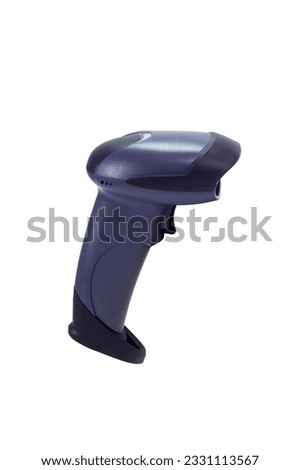 a handheld barcode scanner standing on a white background Royalty-Free Stock Photo #2331113567
