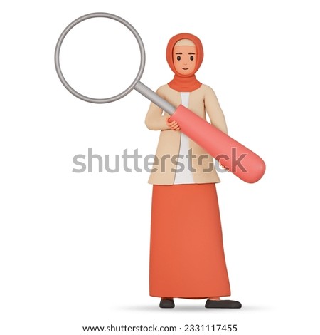 3d illustration of young muslim woman in hijab holding big magnifying glass isolated on white background. Muslim business woman looking from giant magnifying glass