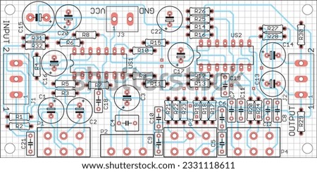 Vector printed circuit board of an electronic device with components of radio elements, conductors and contact pads placed on it. Engineering drawing with grid. Royalty-Free Stock Photo #2331118611