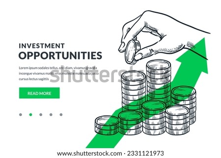 Human hand putting coin to stack of coins on green arrow background. Investment, saving money and finance growth business concept. Hand drawn vector sketch illustration for poster or banner design Royalty-Free Stock Photo #2331121973