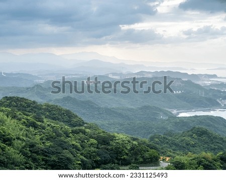 Landscape view of Jioufen (jiufen) village, mountain and sea view for viewpoint near Tea house in Taiwan. This village inpired the Ghibli animation 'Spirited Away'. 