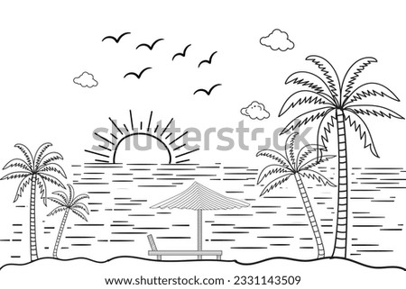

Summer sunset tropical beach line art vector illustration, hand drawn sunset and sunrise outline landscape tropical beach, palm tree with sunset waves Nature view, Kids drawing Beach coloring pages
