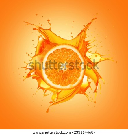 Half of a tangerine with a splashes of juice on an orange background Royalty-Free Stock Photo #2331144687
