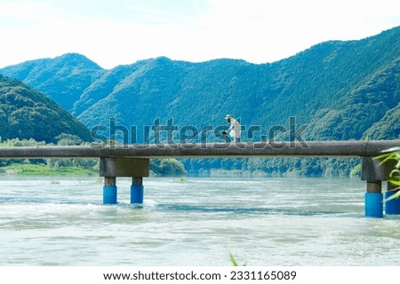 A woman taking a picture at a subsidence bridge on the Shimanto River