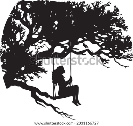 Silhouette Of The Girl On The Swing Near A Tree At Sunset Stock Photo, Picture And Royalty Free Image. 
