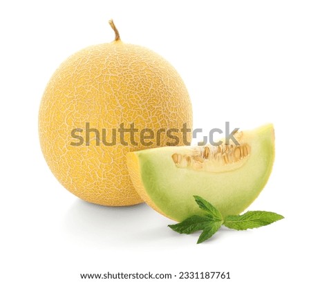 Sweet melon with piece and mint on white background Royalty-Free Stock Photo #2331187761