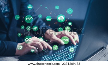 ESG. environment social governance investment business concept. Businessmen use a computer to analyze ESG, surrounded by ESG icons close to the computer screen in business investment strategy concept.