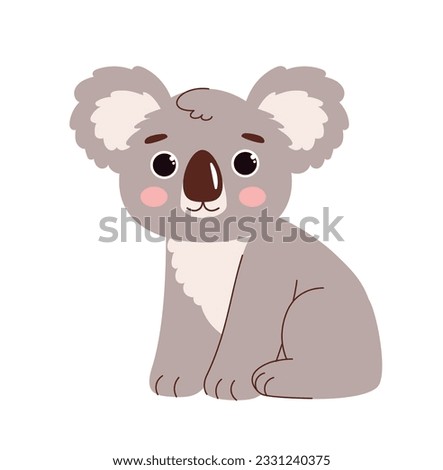Cute koala sticker concept. Charming and adorable tropical fluffy animal sitting. Wild life and fauna. Poster or banner for website. Cartoon flat vector illustration isolated on white background