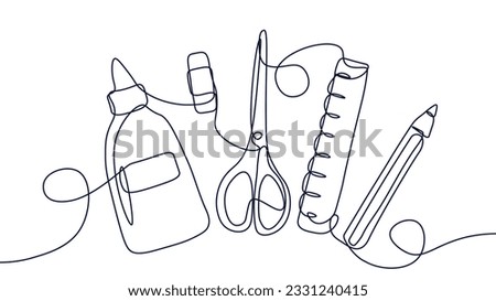 School tools continuous line concept. Pencil, glue, scissors and ruler. School and office supplies. Minimalist creativity and art. Linear flat vector illustration isolated on white background