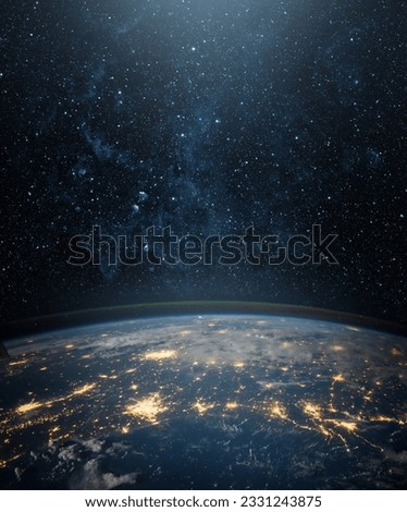  View of the Earth, star and galaxy. Sunrise over planet Earth, view from space. Concept on the theme of ecology, environment, Earth Day. Elements of this image furnished by NASA. Royalty-Free Stock Photo #2331243875