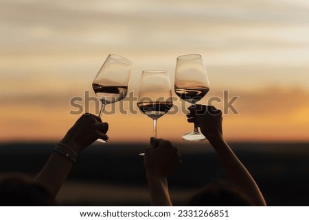 A group of girlfriends raise a toast with glasses of white wine on a sunset. Close shot.	
 Royalty-Free Stock Photo #2331266851