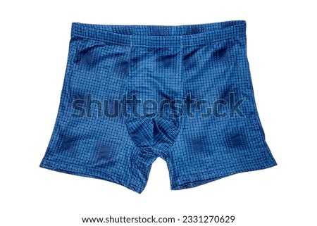 Blue boxer briefs on a white background.Men's swimming trunks with patterns.The briefs are tight-fitting.Swimming trunks background. Royalty-Free Stock Photo #2331270629