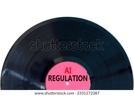 AI regulation symbol. Concept words AI artificial intelligence regulation on black vynil disk. Beautiful white table white background. Business AI artificial intelligence regulation concept Copy space