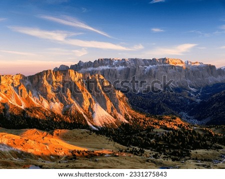 Autumn landscape of Gruppo di Sella, from Seceda Mountain, South Tirol, Dolomites mountains, Italy, Europe Royalty-Free Stock Photo #2331275843