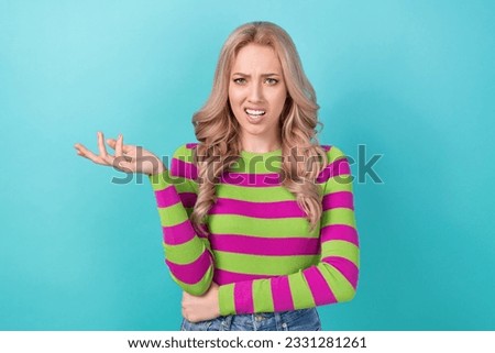 Photo of confused puzzled lady wear striped pullover not understand you isolated teal color background Royalty-Free Stock Photo #2331281261
