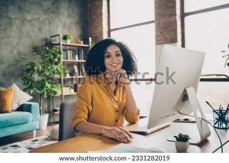 Photo of cheerful clever lady secretary wear shirt communicating modern gadget indoors workstation workshop Royalty-Free Stock Photo #2331282019
