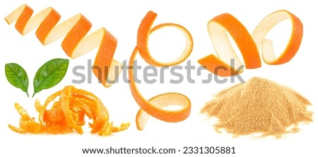 Collection of ripe juicy orange peels, leaves, zest and pile of dried orange peel powder isolated on a white background. Royalty-Free Stock Photo #2331305881