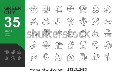 Green City Line Editable Icons set. Vector illustration in modern thin line style of eco related icons: CO2 neutral, zero waste, use bike, green energy, air and water quality. Isolated on white Royalty-Free Stock Photo #2331312483