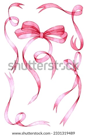 watercolor drawing, set of transparent ribbons and bows in pink color. holiday decoration collection