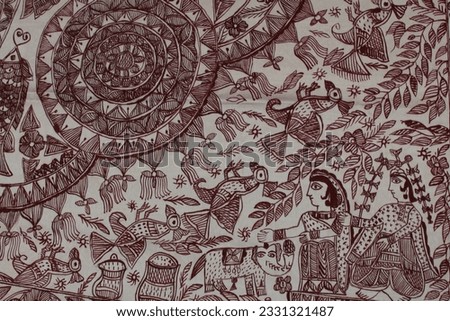 Madhubani painting or Mithila painting ,famous Indian folk art . Kohbar style of Madhubani painting which is painted during marriage ceremony. Painting depicting the marriage of lord Ram and Sita . Royalty-Free Stock Photo #2331321487