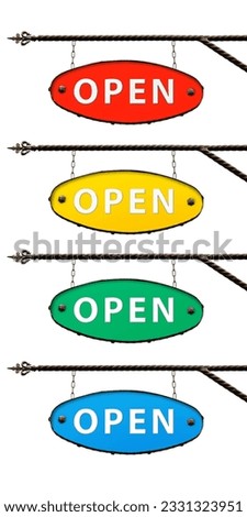 Collection of oval signs. Colored oval OPEN signs hang from a wrought iron structure. Isolated on white. Blank for creativity and design