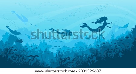 Underwater sea landscape with mermaid silhouettes, cartoon fairy tale undersea, vector background. Ocean fantasy world with underwater silhouettes of mermaids with dolphins, stingray and fishes in sea Royalty-Free Stock Photo #2331326687