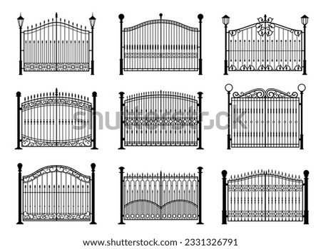 Iron gate, wrought metal fence, steel wrought door with ornate forgings. Vector antique garden or park entrance gates of black frames, grills and rails with forged ornaments, light poles and pillars Royalty-Free Stock Photo #2331326791