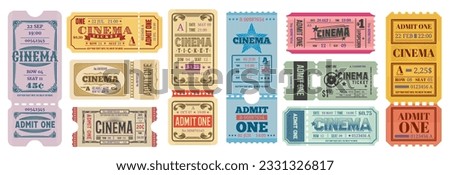 Old vintage movie cinema tickets. Admit one retro coupon vector templates with film reels and stars. Movie theater show paper ticket stubs, cinema festival event admission and entrance pass set Royalty-Free Stock Photo #2331326817