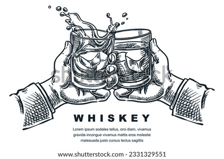 Men's hands cheers toast with scotch whiskey or bourbon glasses. Vector hand drawn engraved sketch illustration isolated on white background. Alcohol drinks label, badge, poster, banner design element Royalty-Free Stock Photo #2331329551