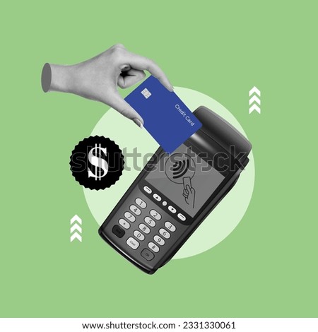 payment with credit debit card, bank terminal, hand with credit debit card, payment in store, digital payment, payment in dollars, woman paying with card, concept, collage art, photo collage