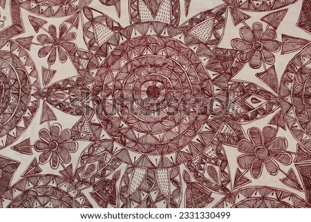 Madhubani painting or Mithila painting , a famous Indian folk art. This is Kohbar style of Madhubani painting which depicts Hindu wedding ceremonies ,made on the walls of the bride and groom's home . Royalty-Free Stock Photo #2331330499
