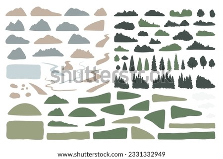 mountain landscape creator clipart, vector travel illustration, road trip clip art, mountain scene images in flat cartoon style, abstract nature, rock forest tourist hiking