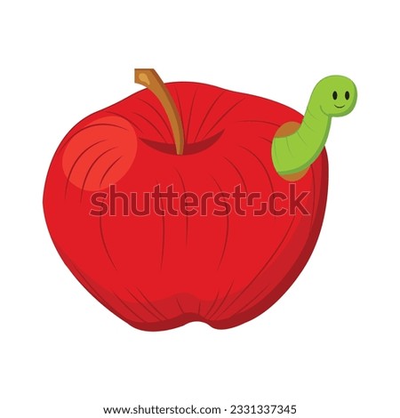 Red apple with a smiling worm. Vector illustration in cartoon style isolated on a white background.
