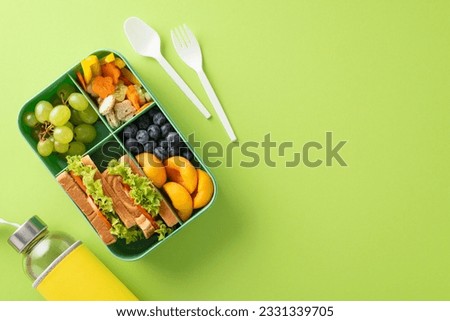 Wholesome snack arrangement for school. Top view featuring lunchbox with variety of fresh fruits, vegetables, sandwiches, berries, water bottle, cutlery on soft green surface, perfect for text or ads Royalty-Free Stock Photo #2331339705