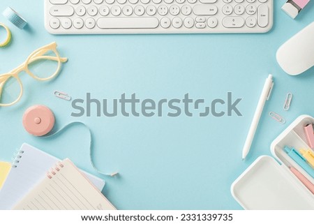 Online studying from home concept. Above view picture showing keyboard with mouse and stationery such as planner, pen, pencil case and glasses on pastel blue background with empty space