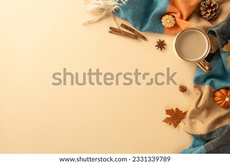 Dive into autumnal bliss: top view showcasing coffee cup, cozy plaid, delicate pumpkins, golden maple leaf, pine cone, cinnamon, anise on pastel beige backdrop. Perfect canvas for your text or ads Royalty-Free Stock Photo #2331339789