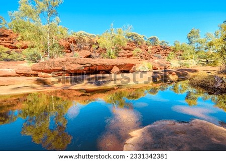 Rugged sandstone cliffs and red Cabbage Palm reflecting on waterhole in Palm Valley along Finke River in Finke Gorge National Park. Outback Safari in Northern Territory, Central Australia. Royalty-Free Stock Photo #2331342381